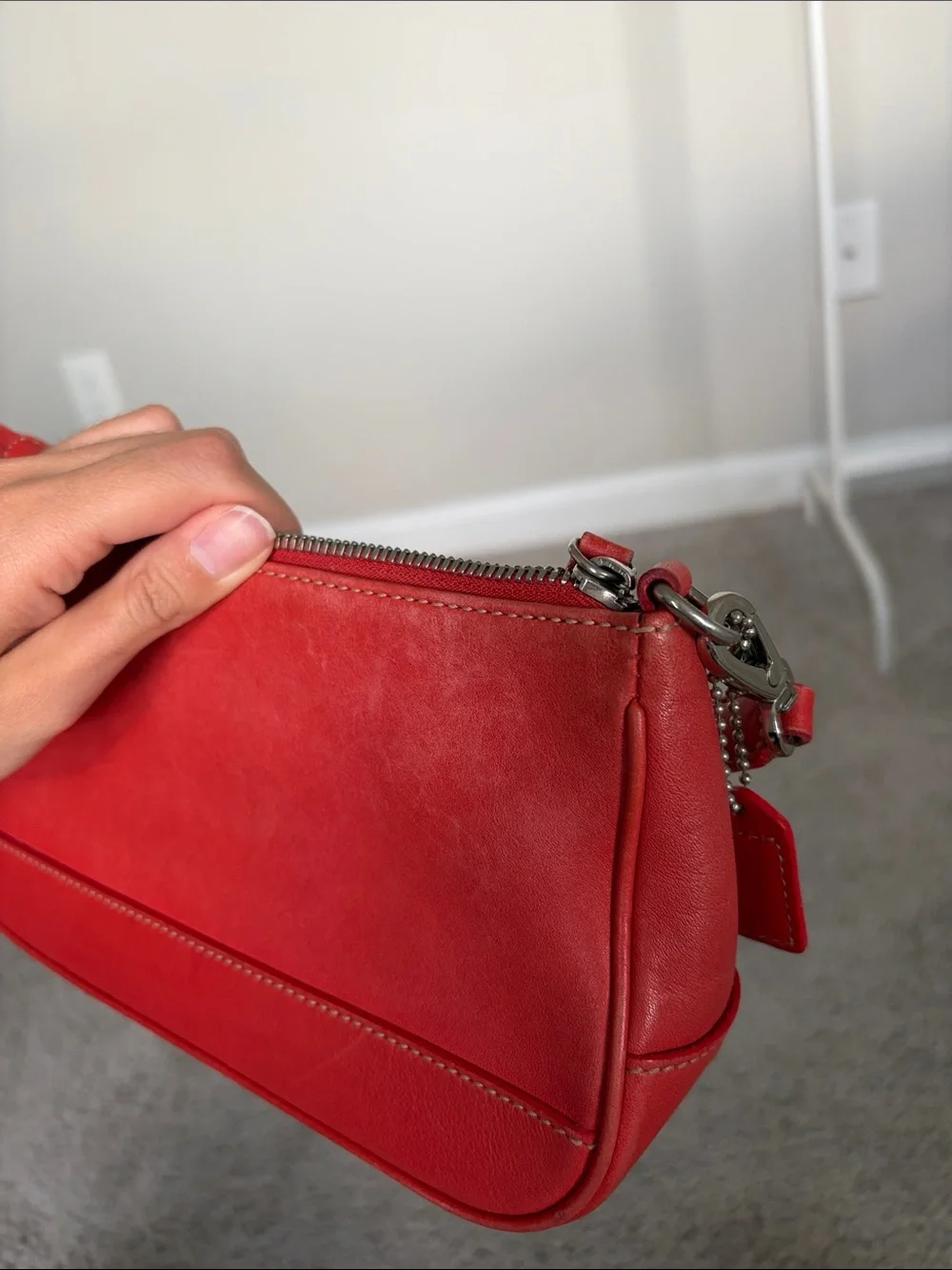 Coach Hamptons Demi baguette shoulder bag (style 7785) in Coral Red